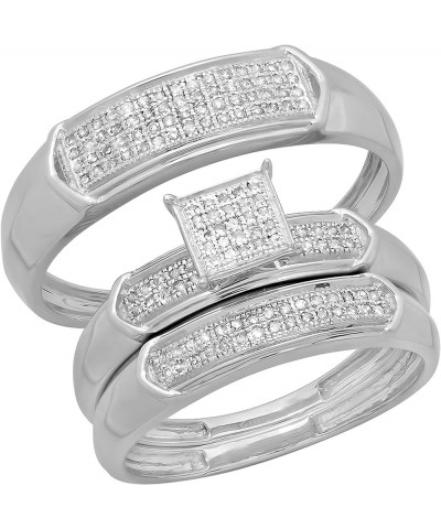 0.30 Carat (ctw) Round White Diamond Men & Women's Micro Pave Trio Bridal Wedding Set 1/3 CT, 14K White Gold womens size 6.5 ...