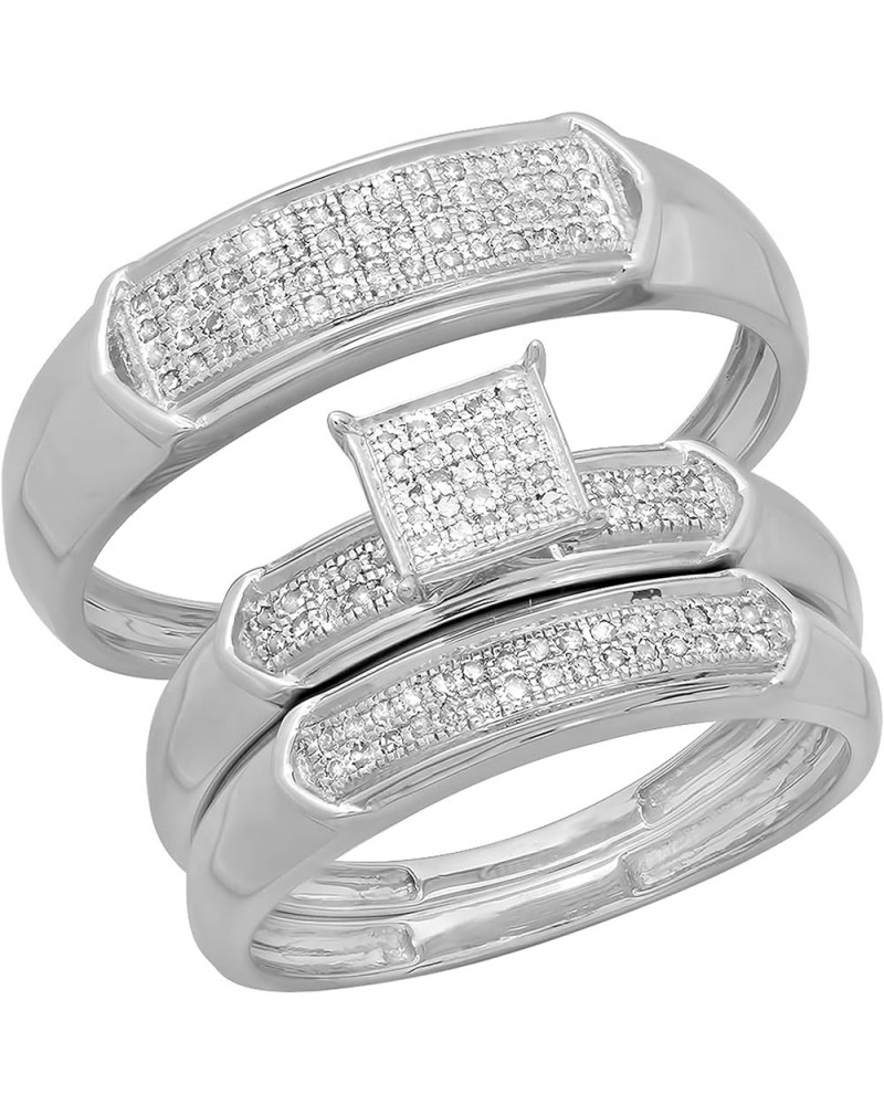 0.30 Carat (ctw) Round White Diamond Men & Women's Micro Pave Trio Bridal Wedding Set 1/3 CT, 14K White Gold womens size 6.5 ...