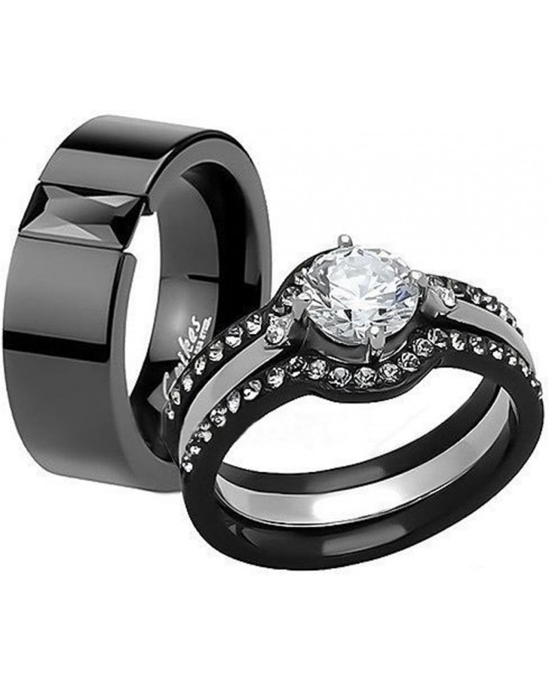 His and Hers 4 Piece?Black Ion Plated Stainless Steel Wedding Engagement Ring Band Set Women's Size 07 Men's 08mm Size 13 $22...