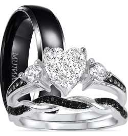 His and Hers 3 Piece Trio Sterling Silver Black Wedding Band Engagement Ring Set Her 7 - His 10 $38.95 Sets