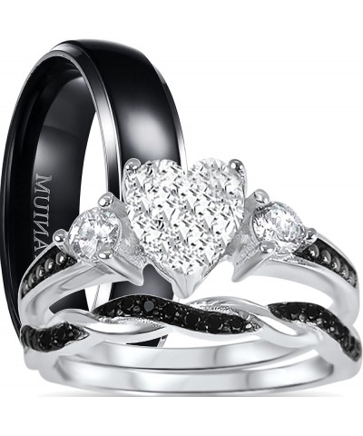 His and Hers 3 Piece Trio Sterling Silver Black Wedding Band Engagement Ring Set Her 7 - His 10 $38.95 Sets