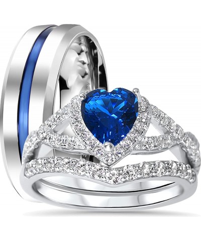 His Hers Sterling Blue Sapphire CZ Bridal Wedding Band Engagement Ring Set Him Her Thin Blue Line Her 11 - His 13 $29.25 Sets