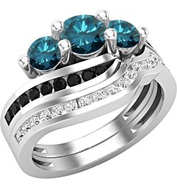 Round Gemstone, Black & White Diamond Ladies Twisted Bypass 3 Stone Wedding Ring Set, Available in Various Gemstones & Metal ...