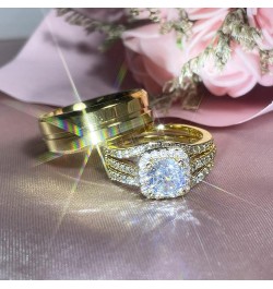 Couple Rings Matching Ring 1.8ct CZ Gold Plated Women Wedding Ring Sets for Him and Her His Engagement Bridal Ring Sets Women...