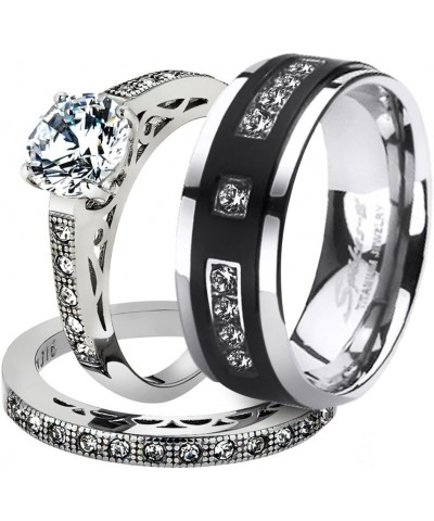 His and Her Stainless Steel 1.39 Carat Cubic Zirconia Bridal Set and Men's Titanium Wedding Band Women's Size 10 Men's Size 0...