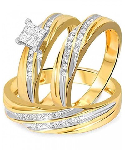 Princess D/VVS1 Diamond 14K Two-Tone Gold Plated 925 Sterling Silver Bridal Wedding Trio Ring Set for Him & Her Women Size 8 ...