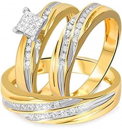 Princess D/VVS1 Diamond 14K Two-Tone Gold Plated 925 Sterling Silver Bridal Wedding Trio Ring Set for Him & Her Women Size 8 ...