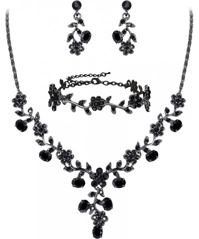 Flower Leaf Necklace Earrings Set Austrian Crystal Necklace+Earrings+Bracelet_Black Black-Tone $13.91 Jewelry Sets