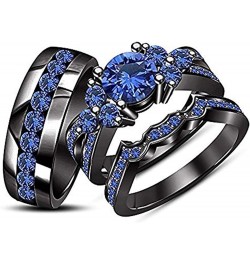 Round Created Blue Sapphire 14K Black Gold Plated 925 Sterling Silver Bridal Anniversary Wedding Trio Ring Set for Him & Her ...