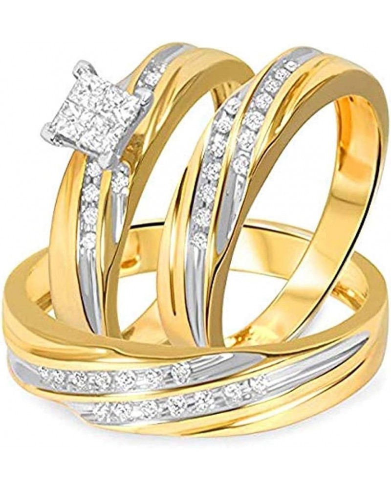 Princess D/VVS1 Diamond 14K Two-Tone Gold Plated 925 Sterling Silver Bridal Wedding Trio Ring Set for Him & Her Women Size 9 ...