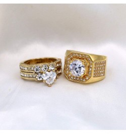 2 Rings His and Hers Couple Rings Bridal Sets Yellow Gold Filled Heart Cz Womens Wedding Ring Sets Man Wedding Bands Gold wom...