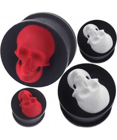 (1 Pair) 6g (4mm) to 1 inch (26mm) 3d skull silicone double flare flared ear plug 0g - 8mm , RED $10.66 Body Jewelry