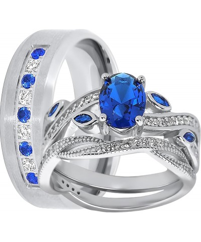 His Hers Wedding Ring Set Blue Sapphire CZ Silver Bridal Engagement Set Titanium Wedding Band Him Her Her 10 - His 9 $42.75 Sets