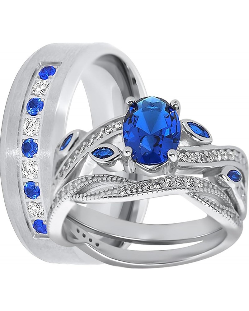 His Hers Wedding Ring Set Blue Sapphire CZ Silver Bridal Engagement Set Titanium Wedding Band Him Her Her 10 - His 9 $42.75 Sets