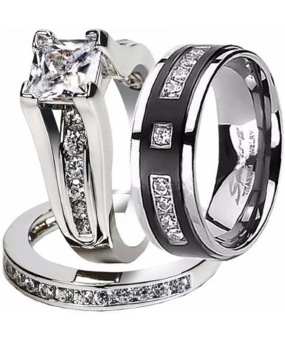 Hers and His Stainless Steel Princess Wedding Ring Set and Titanium Wedding Band Women's Size 09 Men's Size 09 $23.58 Sets